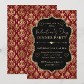 Invitation Red & Gold Heart Damask Valentine's Dinner Party (Devant / Derrière)
