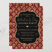 Invitation Red & Gold Heart Damask Valentine's Dinner Party (Devant / Derrière)