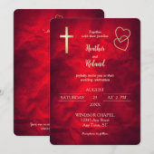 Invitation Red Gold Hearts Christian Cross Mariage (Devant / Derrière)
