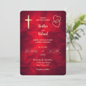 Invitation Red Gold Hearts Christian Cross Mariage (Debout devant)