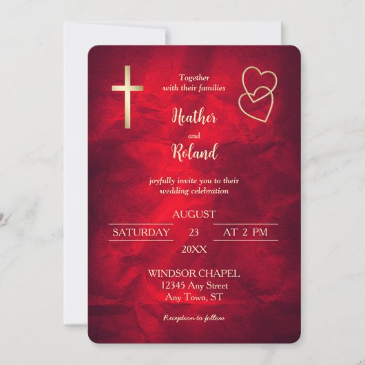 Invitation Red Gold Hearts Christian Cross Mariage (Devant)