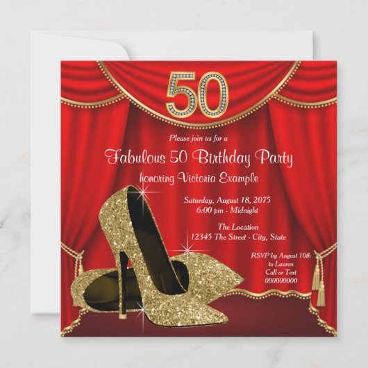 Invitation Red Gold High Heels 50e fête d'anniversaire (Devant)