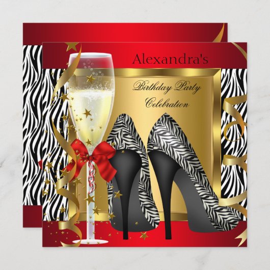 Invitation Red Gold High Heels Zebra Champagne Anniversaire (Devant / Derrière)