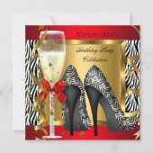 Invitation Red Gold High Heels Zebra Champagne Anniversaire (Devant)
