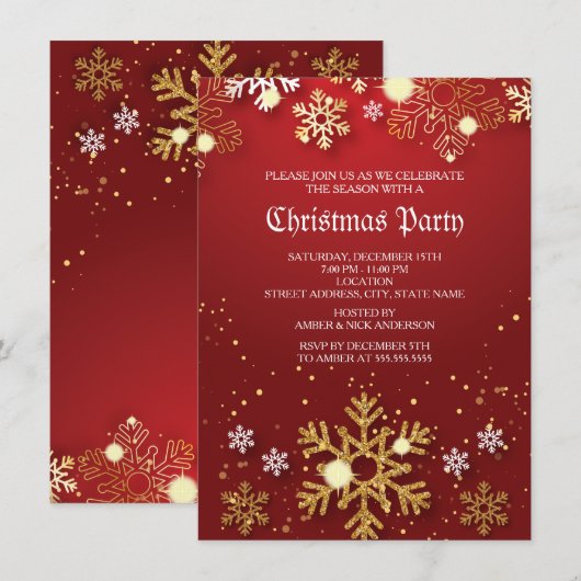 Invitation Red Gold Holly Baubles Noël Fête de Noël (Devant / Derrière)