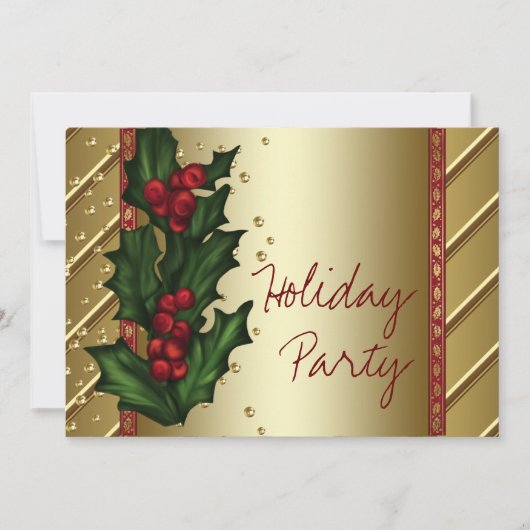 Invitation Red Gold Holly Corporate Holiday Party (Devant)