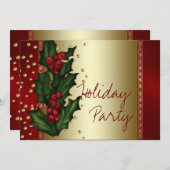 Invitation Red Gold Holly Fête de Noël d'entreprise (Devant / Derrière)