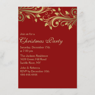 Invitation Red & Gold Holly Flourish Christmas Party Invitati