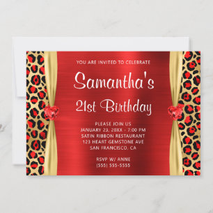 Invitation Red Gold Leopard Foil Gem Heart 21e anniversaire