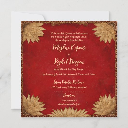 Invitation Red Gold Lotus Ganesh Dieu Mariage indien (Dos)