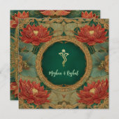 Invitation Red Gold Lotus Green Indian Ganesh Mariage (Devant / Derrière)