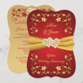 Invitation Red, Gold Love Hearts 50e anniversaire Mariage (Devant / Derrière)