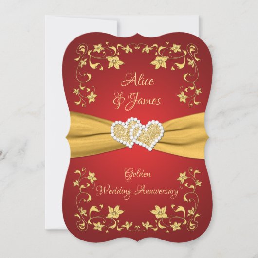 Invitation Red, Gold Love Hearts 50e anniversaire Mariage (Devant)
