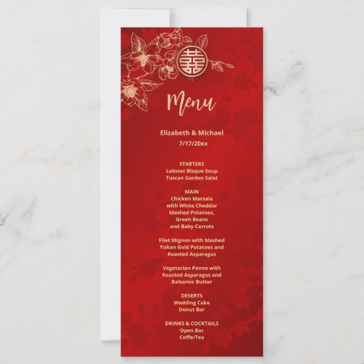Invitation Red Gold Magnolia Chinese Wedding Menu Card (Devant)