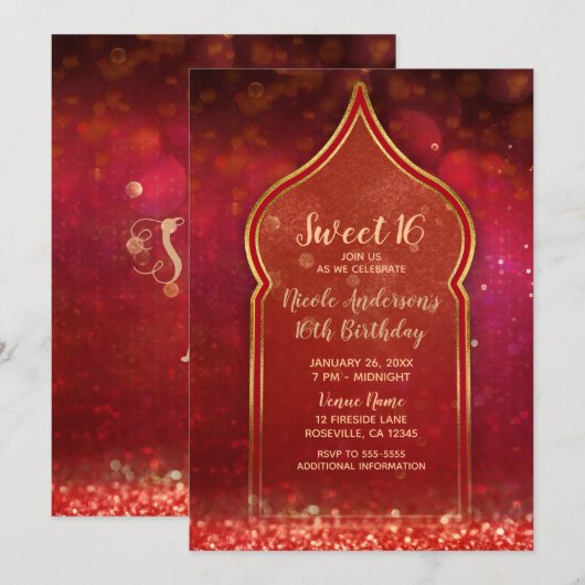 Invitation Red & Gold Marocain Arabian Nights Sweet 16 Party (Devant / Derrière)
