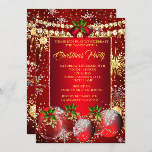 Invitation Red Gold Noël Fête Baubles Holly