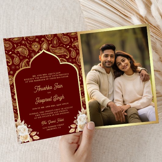 Invitation Red Gold Paisley Floral QR Code Mariage indien
