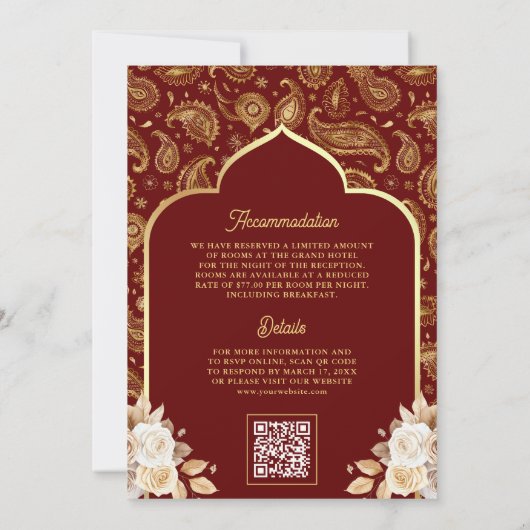 Invitation Red Gold Paisley Floral QR Code Mariage indien (Dos)