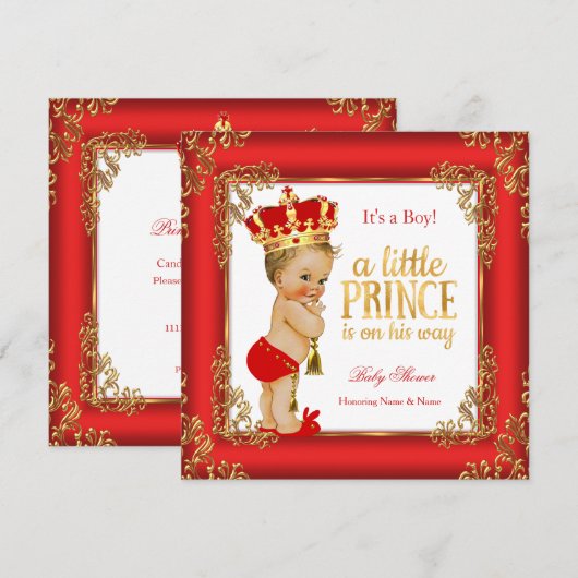 Invitation Red Gold Prince Baby shower Damask Blonde Boy (Devant / Derrière)
