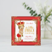 Invitation Red Gold Prince Baby shower Damask Blonde Boy (Debout devant)