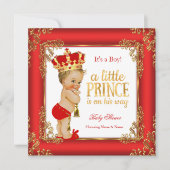 Invitation Red Gold Prince Baby shower Damask Blonde Boy (Devant)