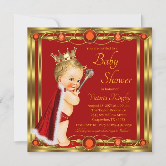 Invitation Red Gold Prince Jewel Baby shower (Devant)