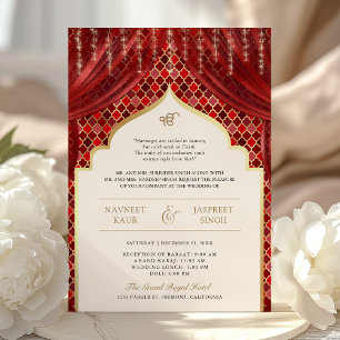 Invitation Red Gold Quatrefoil QR Code Sikh Mariage