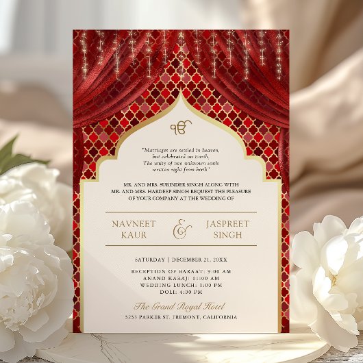 Invitation Red Gold Quatrefoil QR Code Sikh Mariage