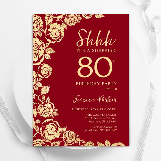 Invitation Red Gold Roses surprise 80e anniversaire