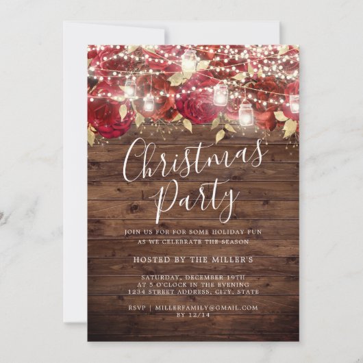 Invitation Red Gold Rustic Foliting Feux Noël (Devant)