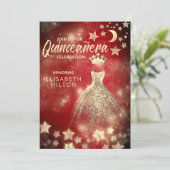 Invitation Red Gold Sequins robe lune étoiles Quinceañera (Debout devant)