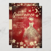Invitation Red Gold Sequins robe lune étoiles Quinceañera (Devant / Derrière)