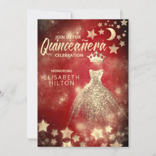Invitation Red Gold Sequins robe lune étoiles Quinceañera