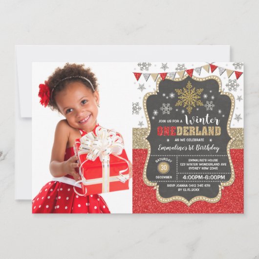 Invitation Red Gold Snowflake Vacances d'hiver 1er anniversai (Devant)