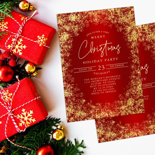 Invitation Red & Gold Snowflakes Noël Fête