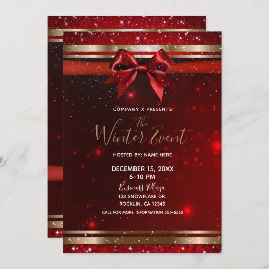 Invitation Red & Gold Sparkle Chic Bow Elegant Holiday Event (Devant / Derrière)