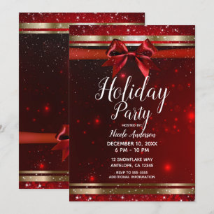 Invitation Red & Gold Sparkle Chic Bow Élégante fête de vacan