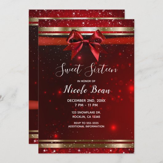 Invitation Red & Gold Sparkle Chic Bow Holiday Sweet 16 (Devant / Derrière)