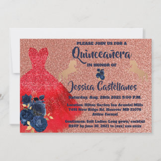 Invitation Red Gold Sparkle Dress Quinceañera Bedankkaart