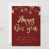 Invitation Red Gold Stars Motif Script Joyeux Nouvel An Chic (Devant)
