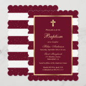 Invitation Red Gold Stars Striped Girl Baptism (Devant / Derrière)