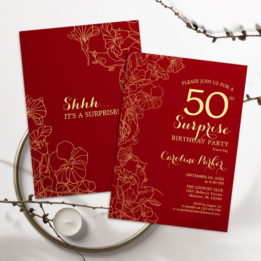 Invitation Red Gold Surprise 50e anniversaire fête