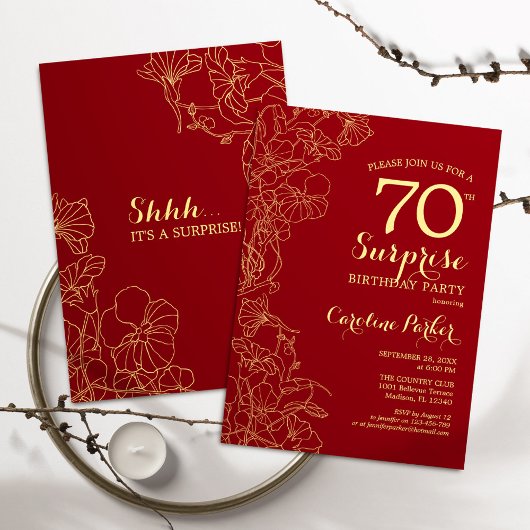Invitation Red Gold Surprise 70e fête d'anniversaire