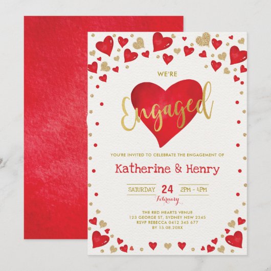 Invitation Red Gold Valentines Sweetheart Engagement Party (Devant / Derrière)