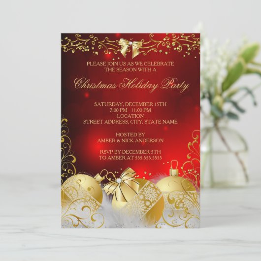 Invitation Red Gold White Bauble Noël Fête (Debout devant)