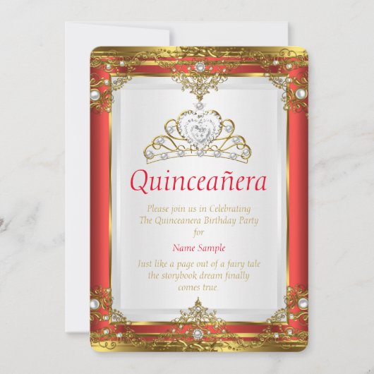 Invitation Red Gold White Pearl Princess Quinceanera (Devant)
