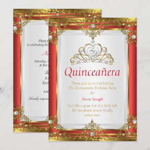 Invitation Red Gold White Pearl Princess Quinceanera