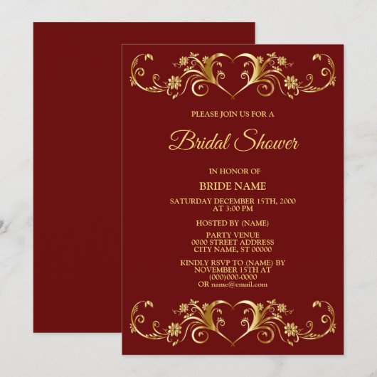 Invitation Red Golden Geometric Elegant Bridal Shower Party (Devant / Derrière)