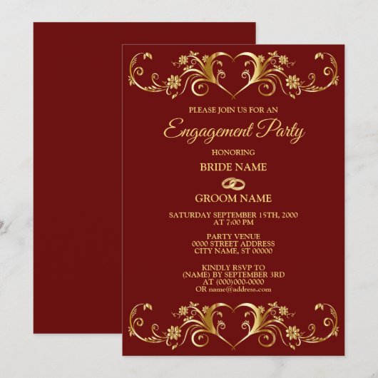 Invitation Red Golden Geometric Elegant Engagement Party (Devant / Derrière)