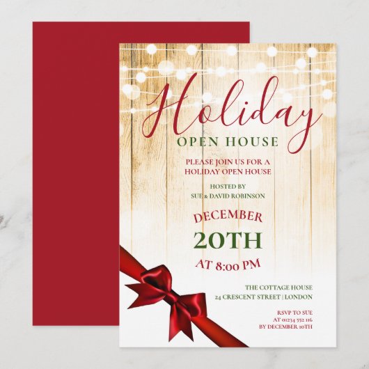 Invitation Red & Green Christmas Holiday Open House Party (Devant / Derrière)